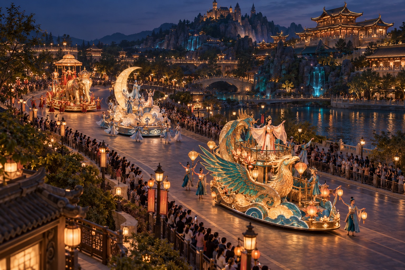 Concept scene of parade floats passing successive performance areas