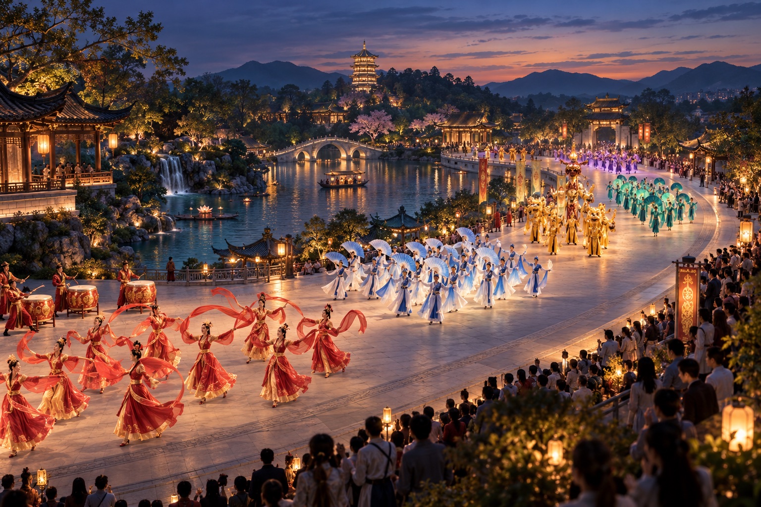 Concept scene of performance groups moving along a parade route