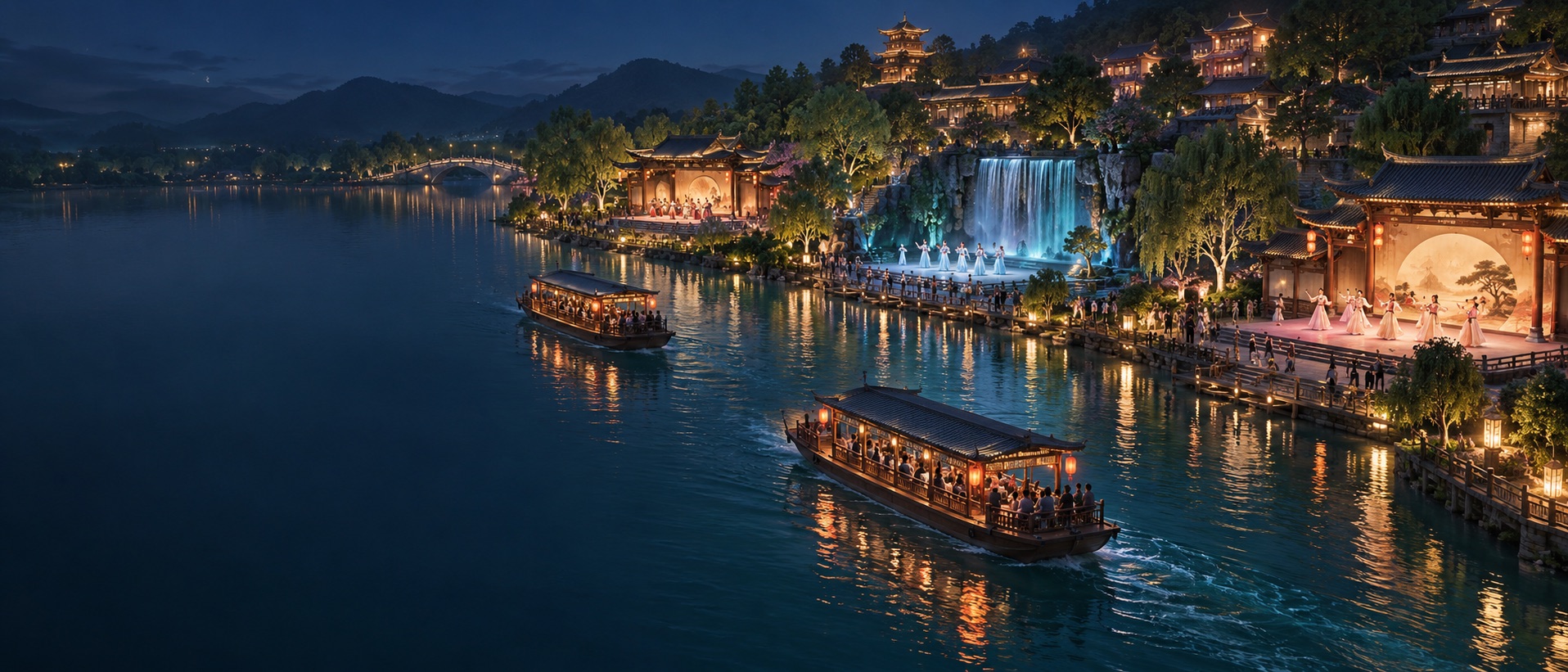 Concept scene of two boats passing waterfront performance areas